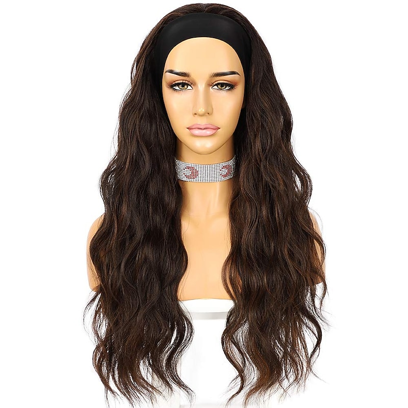 Headband Wigs Glueless Headband Wig Loose Body Wavy Synthetic Hair Wigs for Black Women Wave None Lace Front Wigs Mix Brown Color Machine Made Wigs 150% Density 26inch2