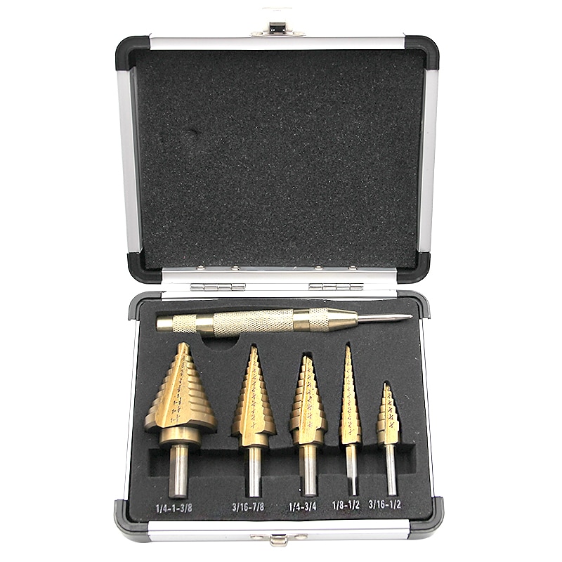6pcs HSS Titanium Step Drill Bit With Center Punch Drill Set Hole Cutter Drilling Tool Kit Set