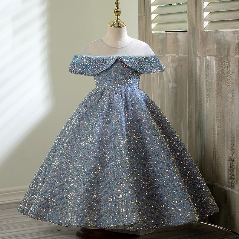 Flower Girl Dress Girls' Dress Evening Gown Party Dress Wedding Party Cute Princess Ruched Mesh Short Sleeve Crew Neck Silver Black 3-12 Years2