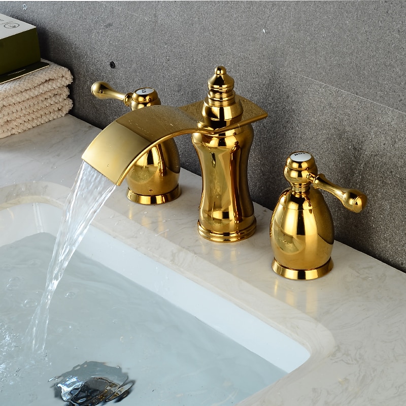 Widespread Bathroom Sink Faucet,Two Handle Three Holes Waterfall Electroplated Bath Taps4