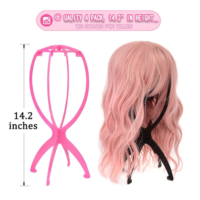 4 Pack Wig Stands for Multiple Wigs, 14inch Portable Collapsible Durable Wig Holder Wig Dryer and Wig Display Tool for Women (2 Black And 2 Pink)