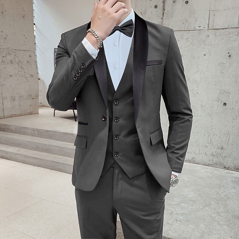 Men's Wedding Party Tuxedos Dark Grey Burgundy Solid Color Standard Fit 3 Piece Single Breasted One-button2