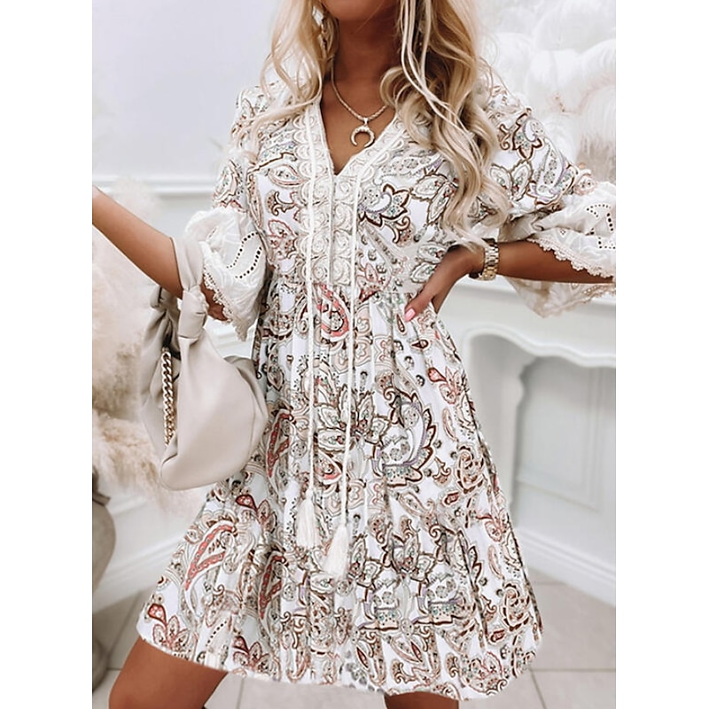 Women's Mini Dress Petite Dress Casual Dress Ethnic Dress Summer Dress Boho Dress Fashion Casual Boho Flare Cuff Sleeve Vacation Daily Holiday Loose Fit Floral Print 3/4 Length Sleeve V Neck White