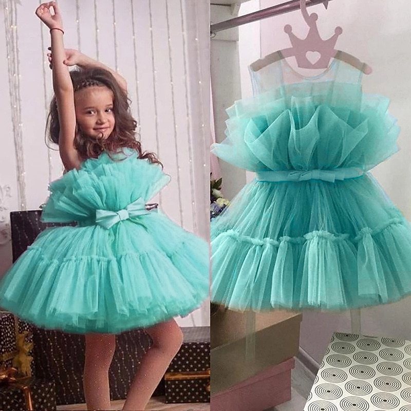 Kids Girls' Party Dress Solid Color Sleeveless Performance Pegeant Ruched Mesh Princess Sweet Polyester Above Knee Party Dress A Line Dress Summer Spring 1-5 Years White Light Green Pink