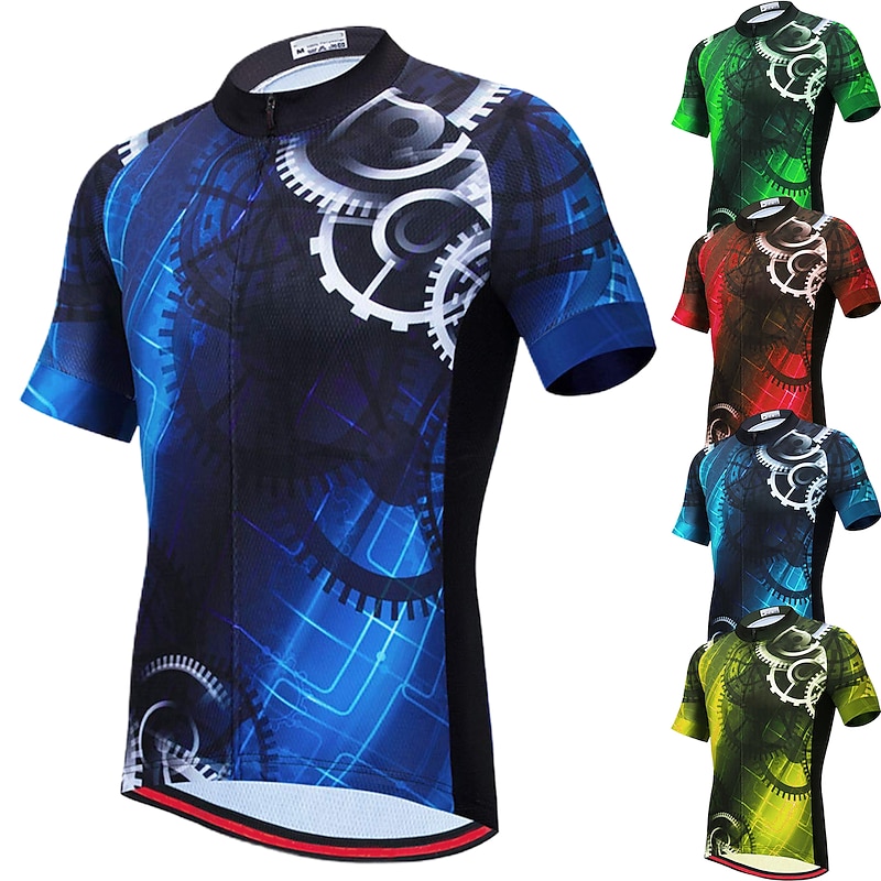Men's Cycling Jersey Geometric Gear Funny Short Sleeve Bike Jersey Top with 3 Rear Pockets Mountain Bike MTB Road Bike Cycling Quick Dry Reflective Strips Back Pocket Moisture Wicking Sports Red Blue
