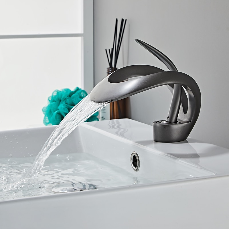 Black Bathroom Sink Mixer Faucet Waterfall Spout, Brass Basin Taps Single Handle One Hole Vessel Bathroom Tap with Hot and Cold Switch Golden Grey Chrome3