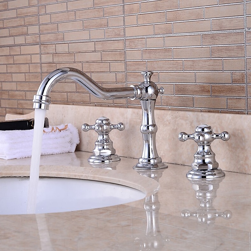 Bathroom Sink Faucet,Widespread Two Handle Three Holes, Brass Chrome Bathroom Sink Faucet Contain with Supply Lines and Drain Plug and Hot/Cold Switch3