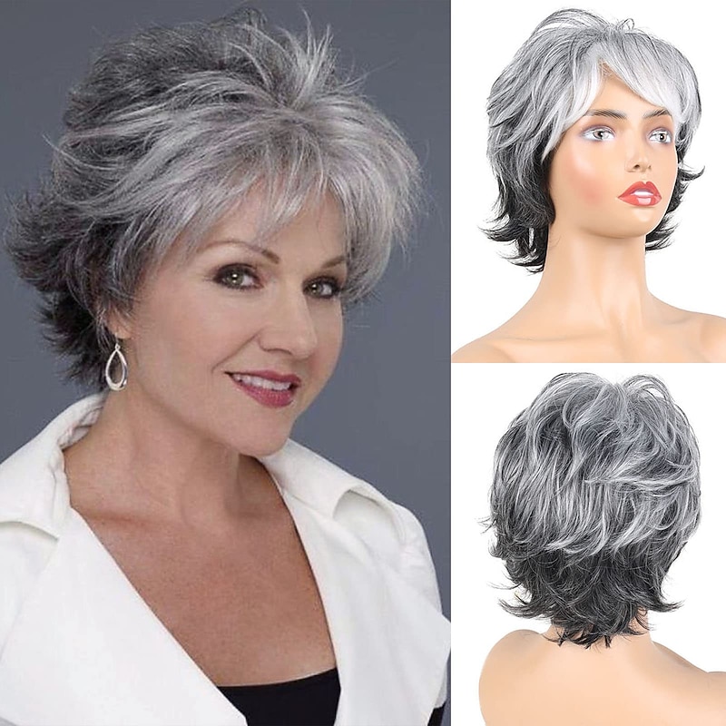 Gray Wigs Short Grey Wigs for White Women Pixie Cut Wig with Bangs Gray Hair Wigs for Women Gray Ombre Synthetic Curly Hair Wig Gray Pixie Wigs for White Women Fluffy Layered Synthetic Hair Ash Blac