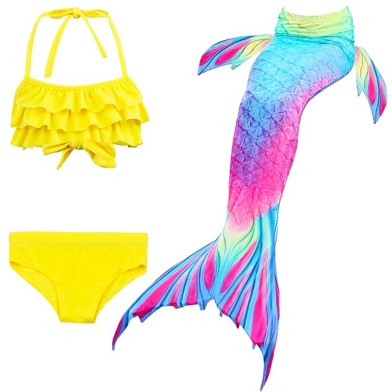Kids Girls' Three Piece Mermaid Swimwear Bikini Bikini Swimming Children's Day Color Block Cute Sexy Patchwork Bathing Suits 3-10 Years Summer Yellow