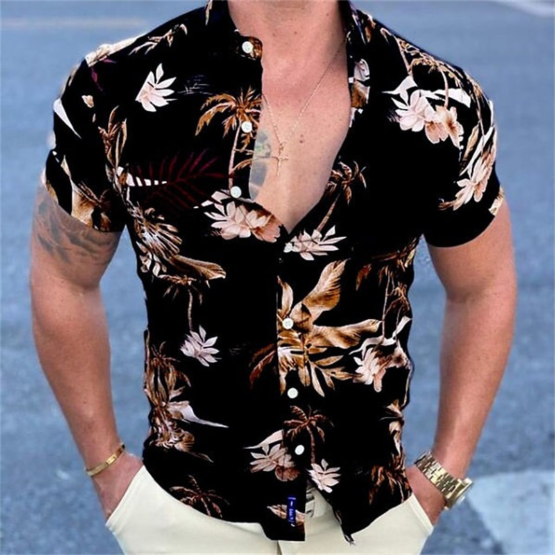 Men's Floral Palm Leaf Tropical Plants Shirt Summer Hawaiian Shirt Aloha Shirt Short Sleeve Shirt Classic Collar Vintage Designer Sexy Vacation Party Street Black Red Blue S M L2