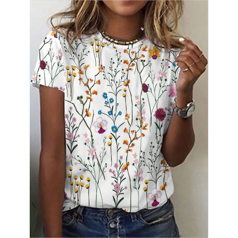Women's T Shirt Basic Floral Patchwork Print Short Sleeve Regular Tops Round Neck Casual Daily Holiday White2