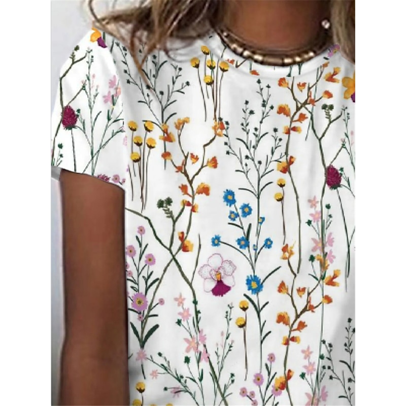 Women's T Shirt Basic Floral Patchwork Print Short Sleeve Regular Tops Round Neck Casual Daily Holiday White3