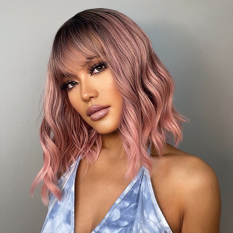 Pink Ombre Brown Auburn Wine Green Bob Wig with Bangs for African American Women 18inch Synthetic Curly Wigs Natural Scalp Daily Party Christmas Wigs3