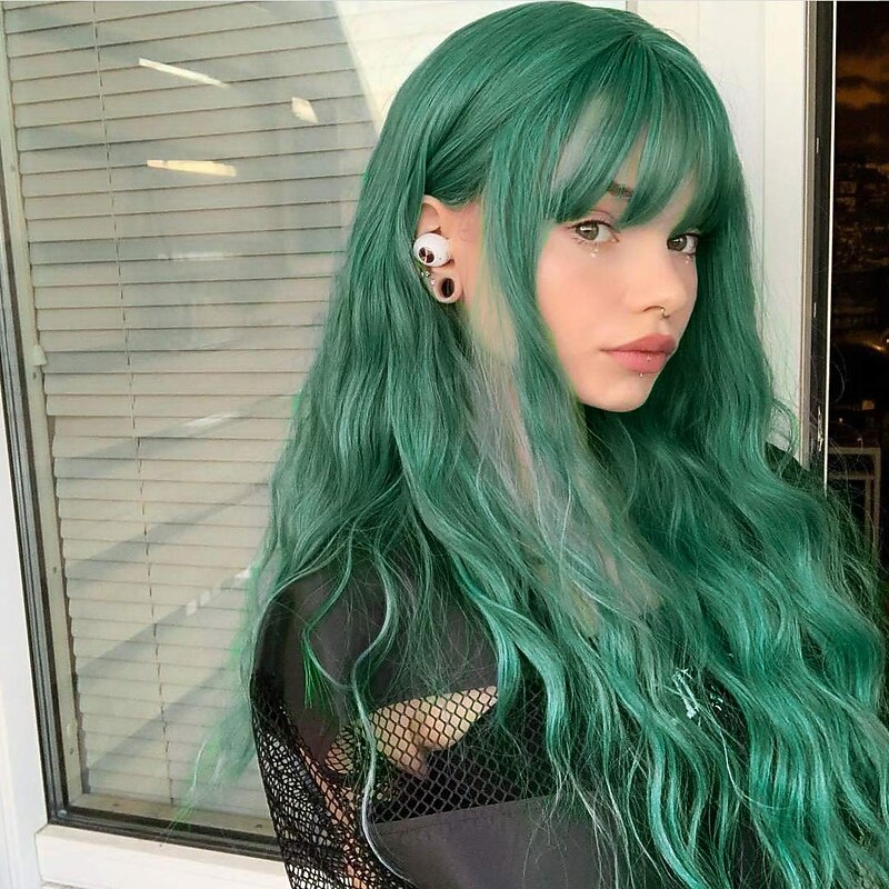 Wig With Bangs Gradient Dark Green Wig Long Fluffy Wavy Curly Synthetic Fiber No Glue Black Root Lace Free Wig for Women 66.08cm.. St.Patrick's Day Wigs2