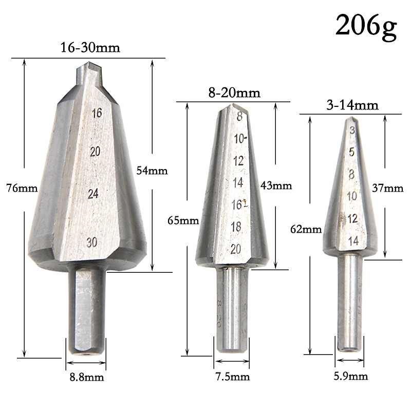 3pcs Step Drill Bits HSS 6542 Umbrella Drill Carbon Steel/Wood/Pv Board Chamfering Cutter Chamfer M2 16-30.5mm 6-20mm 3-14mm3