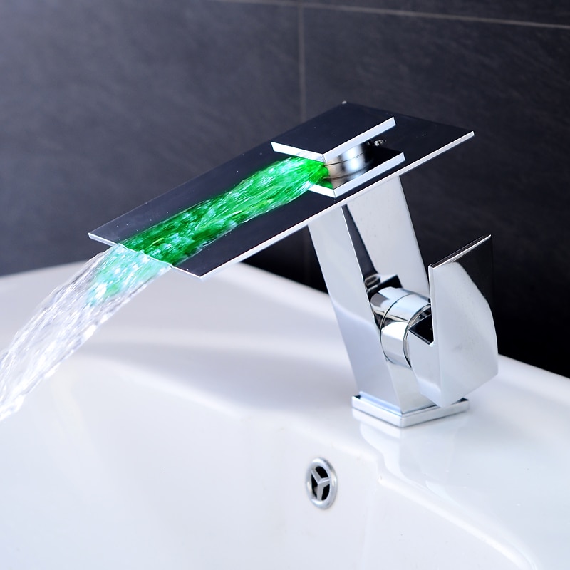 Bathroom Faucet LED Waterfall Spout 3 Color Changes with Temperature, Sink Mixer Mono Basin Taps, Single Handle One Hole Brass Washroom Vessel Tap Deck Mounted4