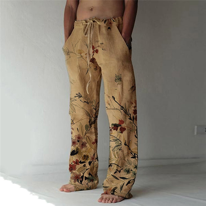 Men's Trousers Summer Pants Beach Pants Elastic Drawstring Design Front Pocket Straight Leg Graphic Prints Flower / Floral Comfort Soft Casual Daily For Vacation Linen Like Fabric Fashion Designer