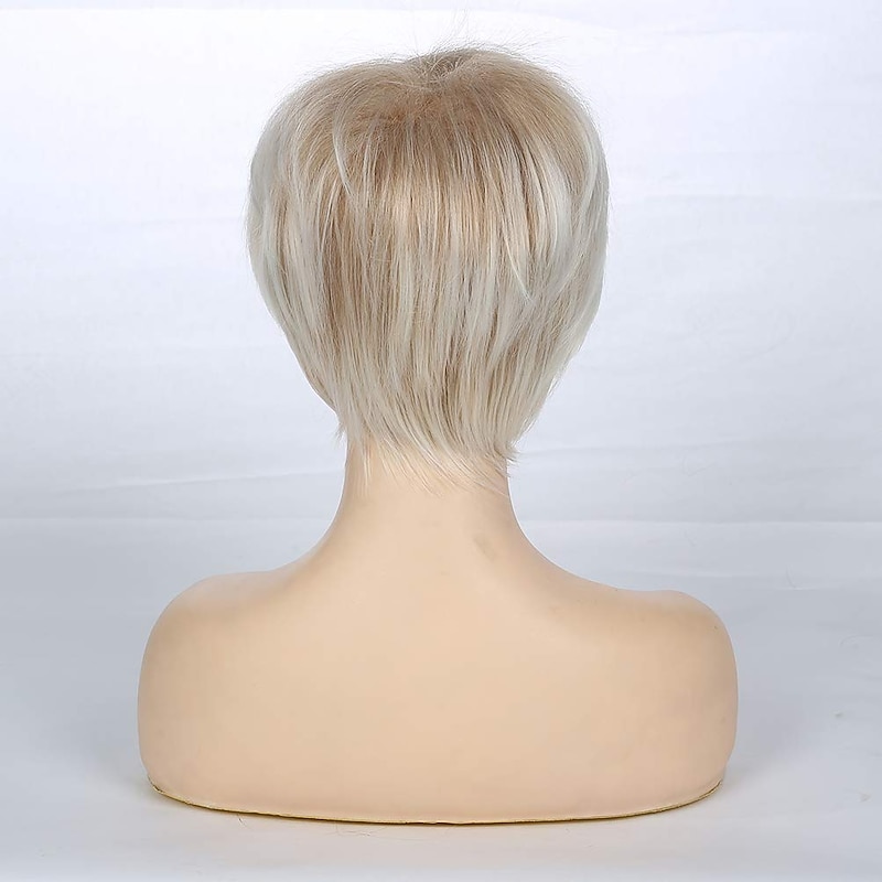Women's Cropped Layered Blonde Wig Synthetic Heat Resistant Halloween Cosplay Pixie Costume Wig Strap4