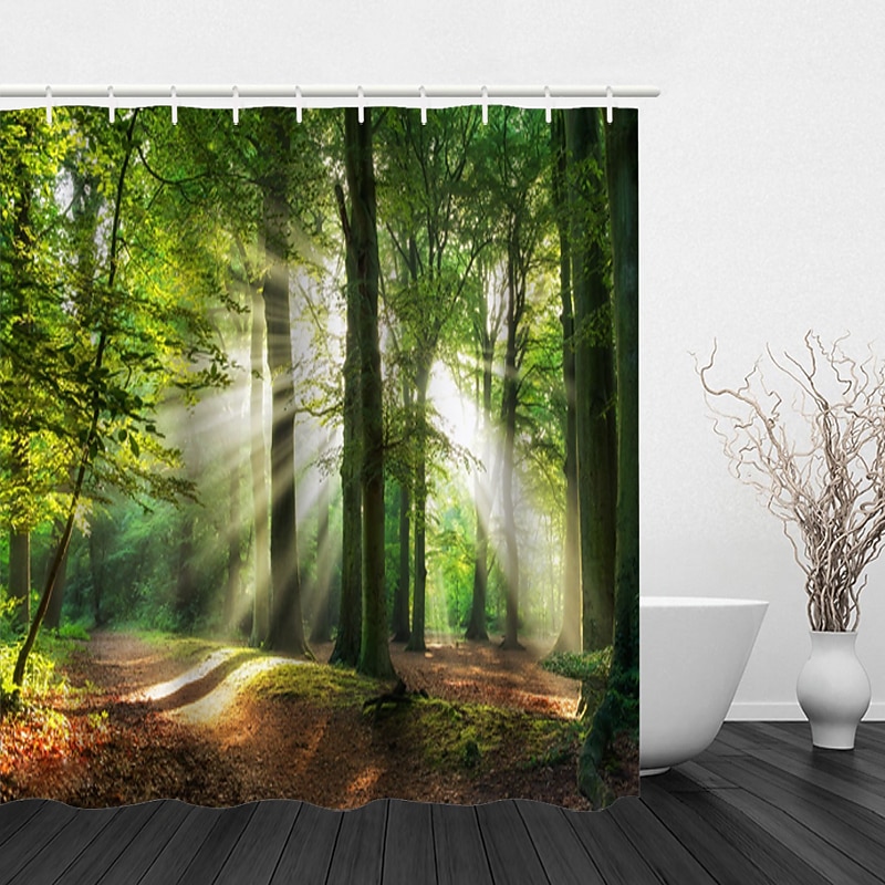 Shower Curtain with Hooks 180cm*180cm(70"*70") Polyester Washable Waterproof Sunshine Forest Landscape Pattern 11