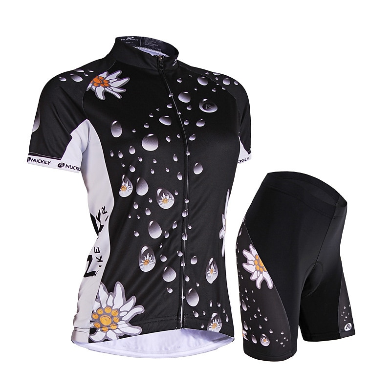 Women's Short Sleeve Cycling Jersey with Shorts Summer Nylon Elastane Polyester White Black Floral Botanical Funny Bike Shorts Jersey Padded Shorts / Chamois Waterproof 3D Pad Breathable Ultraviolet - Main Image