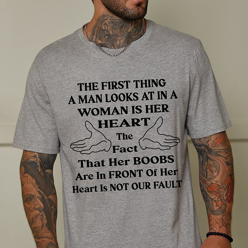 Men's Funny Graphic T-Shirt: 'Heart & Boobs Not Our Fault' Humorous Relationship Quote Short Sleeve Tee2