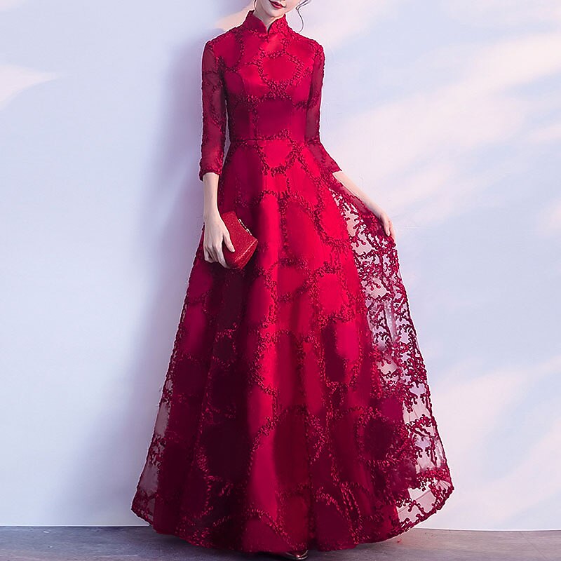 A-Line Evening Gown Vintage Dress Wedding Guest Prom Floor Length 3/4 Length Sleeve Stand Collar Tulle with Pleats Appliques