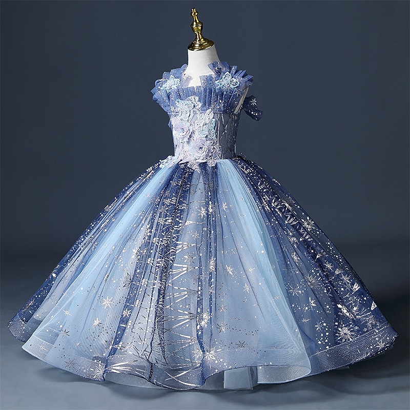 Flower Girl Dress Girls' Dress Princess Dress Party Dress Formal Wedding Party Princess Sweet Mesh Embroidered Floral Sleeveless Off Shoulder Light Blue 3-12 Years2