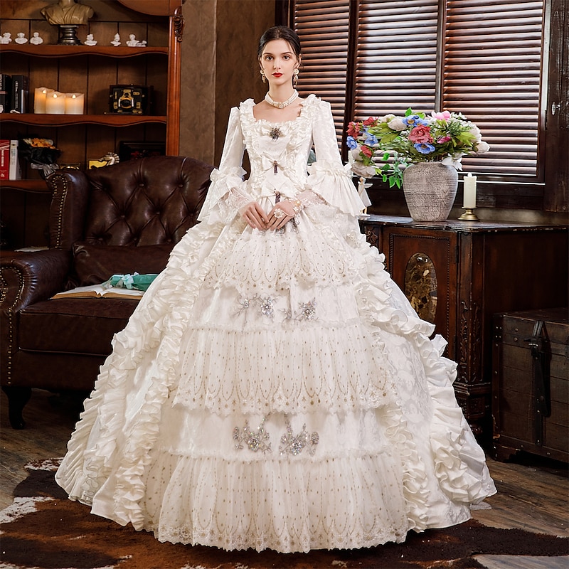 Rococo Victorian Vintage Inspired Floor Length Dress Party Costume Masquerade Flare Cuff Sleeve Princess Shakespeare Bridal Solid Color Ball Gown Square Neck Fancy Dress Women's Christmas Carnival