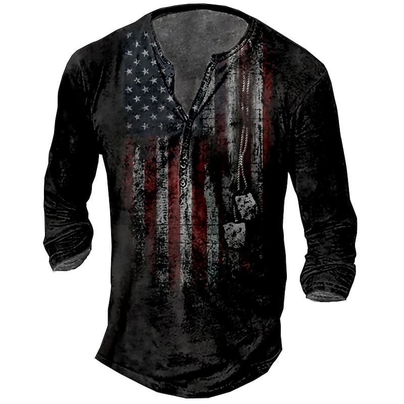 Men's T shirt Tee Henley Shirt Tee Basic Classic Casual Shirt Graphic American Flag 1776 Long Sleeve Shirt Black Red Navy Blue Street Casual Daily Henley Spring &  Fall Clothing Apparel Plus Size S M2