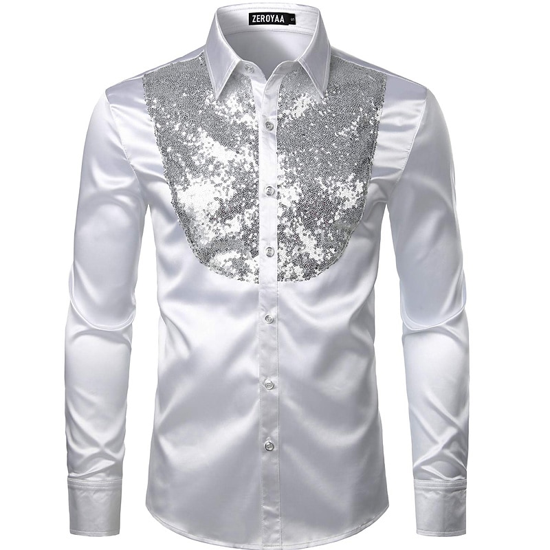 Men's Prom Shirt Disco Shirt Satin Silk Shirt Tuxedo Shirts Solid Color Wedding Party Black White Red Blue Long Sleeve Turndown Summer Spring Clothing Apparel Sequins3