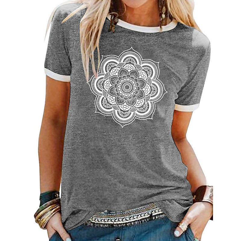 Women's T Shirt Floral Graphic Mandala Basic Short Sleeve Round Neck Regular Tops Daily Weekend Patchwork Print Black Yellow Blue Purple Green Spring, Fall, Winter, Summer