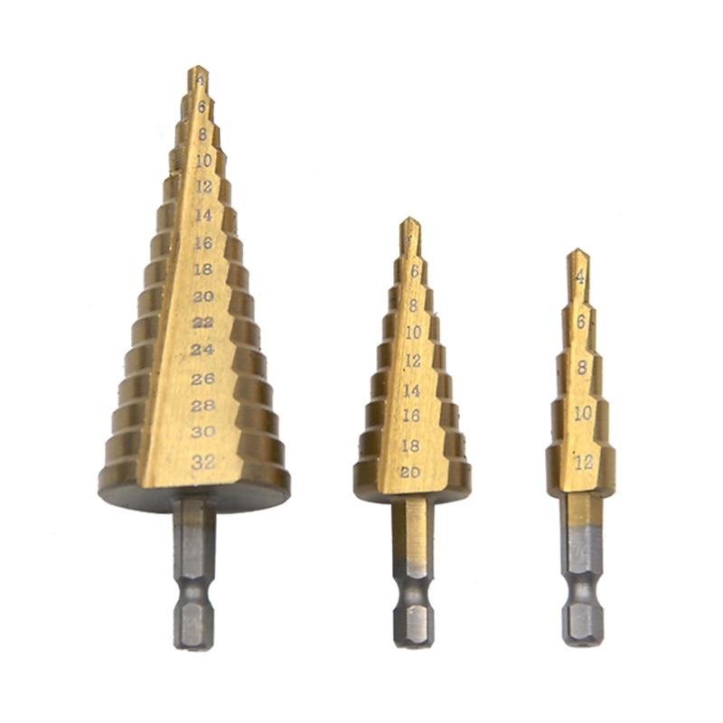 Nylon Bag Packing 3pcs HSS Straight Grooved Core Cone Step Drill With Center Punch Bits1/4 Hex Shank 4mm To 12mm 20mm 32mm Chamfer Hole Cut Cutter2