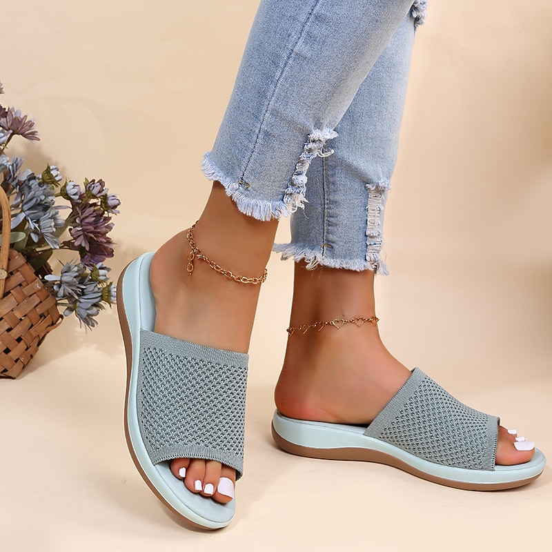 Women's Green Knitted Slide Sandals – Lightweight Breathable Slip-On Comfort Slippers for Summer, Beach & Casual Wear2