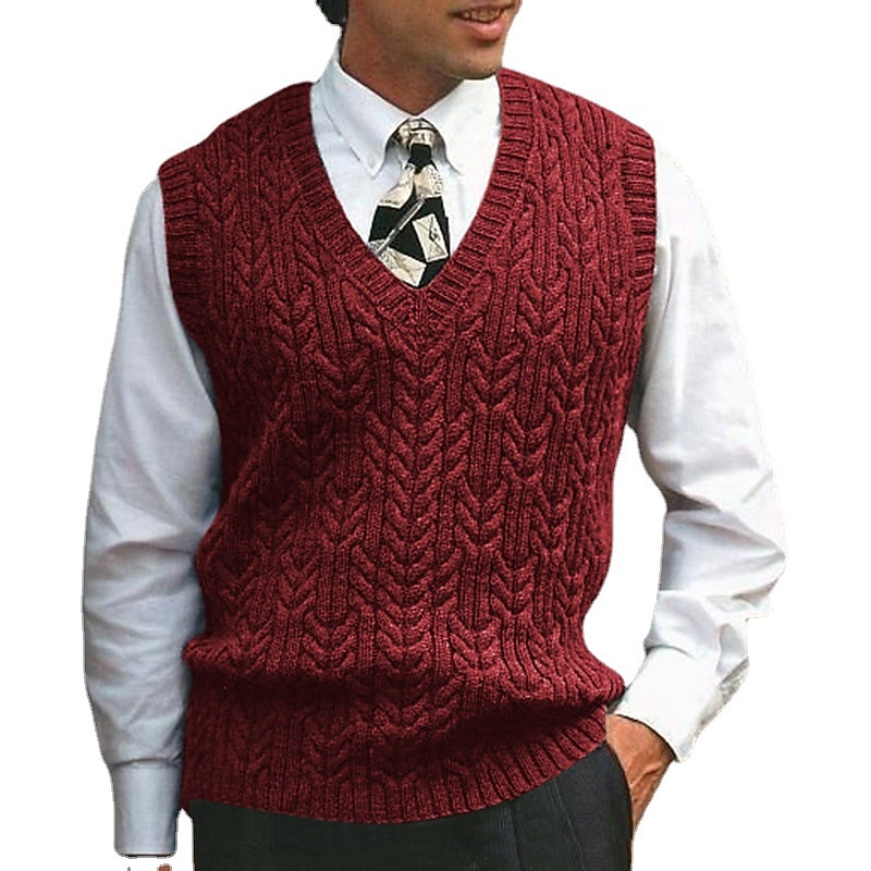 Men's Sweater Sweater Vest Pullover Cable Knit Knitted Solid Color V Neck Stylish Vintage Style Formal Outdoor Clothing Apparel Winter Fall Black Wine S M L2