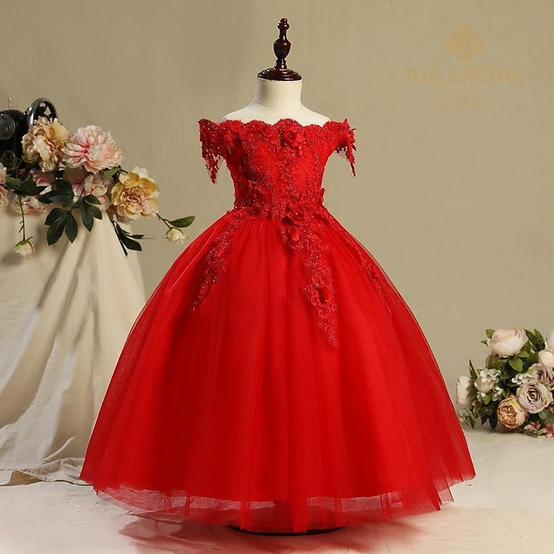 Flower Girl Dress Girls' Dress Princess Dress Party Dress Wedding Party Pegeant Elegant Princess Sweet Mesh Flower Short Sleeve Off Shoulder Wine Red White 3-10 Years2