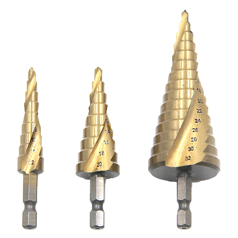 Step Drill Bits Nylon Bag Packing 3pcs HSS Spiral Grooved Core Cone 1/4 Hex Shank 4mm To 12mm 20mm 32mm Chamfer Hole Cut Cutter2