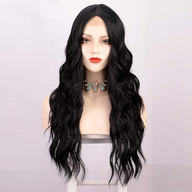 Long Black Wavy Wigs for Women Middle Part Curly Black Wig Natural Looking Synthetic Heat Resistant Fiber Wigs Hair Replacement Wigs for Daily Party Use Wig 24inch Christmas Party Wigs3