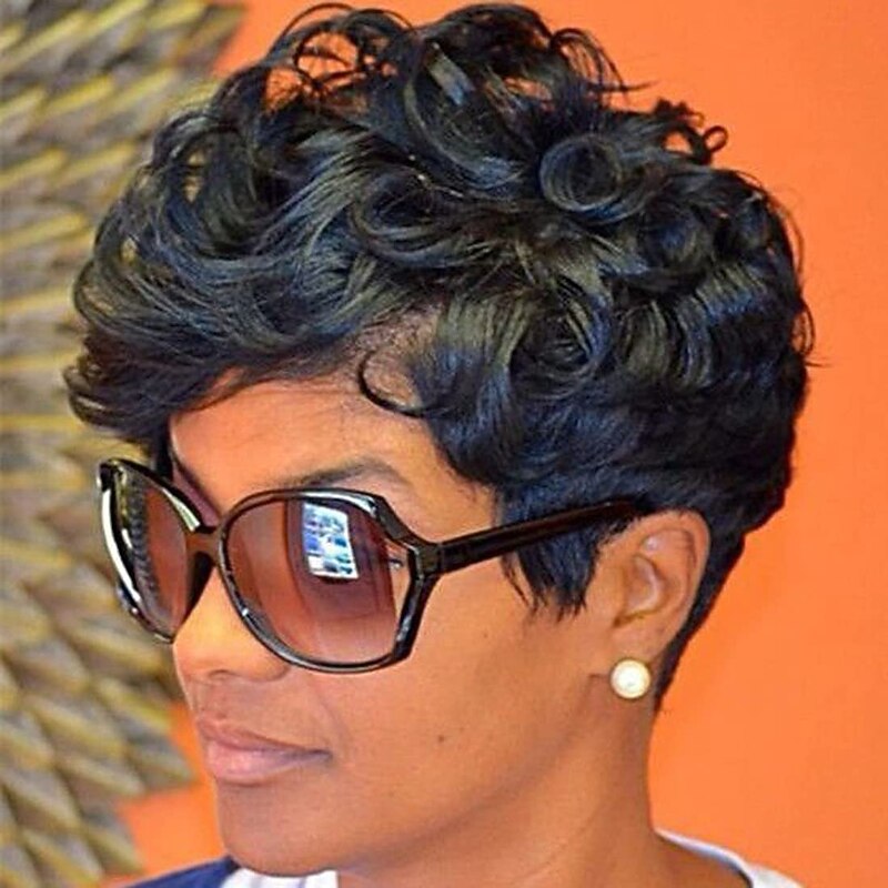 Short Hair Wigs Wavy Short Pixie Wigs Pixie Cut Wigs for Women Fluffy Natural Synthetic Wigs Bangs Black Daily Party