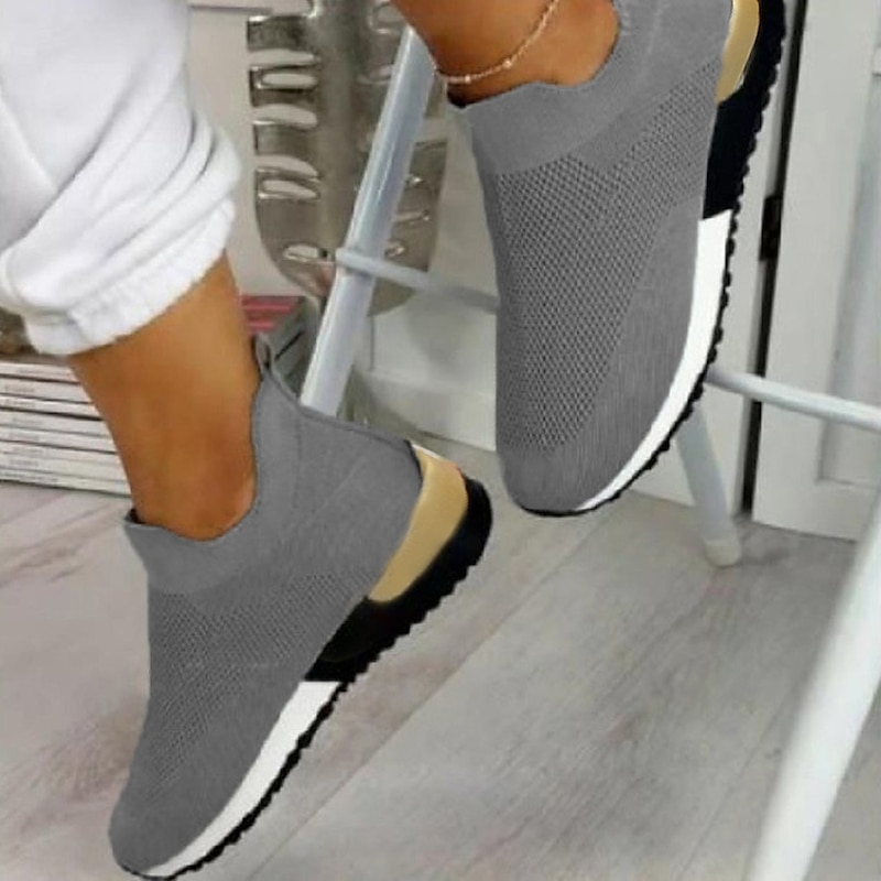 Women's White Slip-On Knit Sneakers – Breathable Lightweight Walking Shoes with Gold Heel Accent for Casual Wear, Travel, and Fitness4