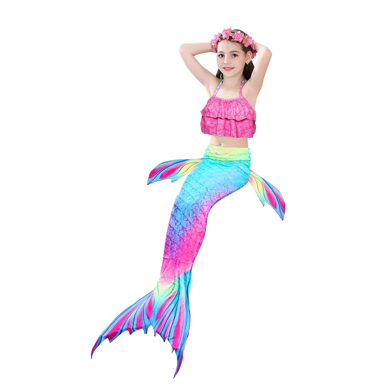 Kids Girls' Three Piece Mermaid Swimwear Bikini Bikini Swimming Children's Day Rainbow Cute Sexy Bathing Suits 3-10 Years Summer Rainbow3