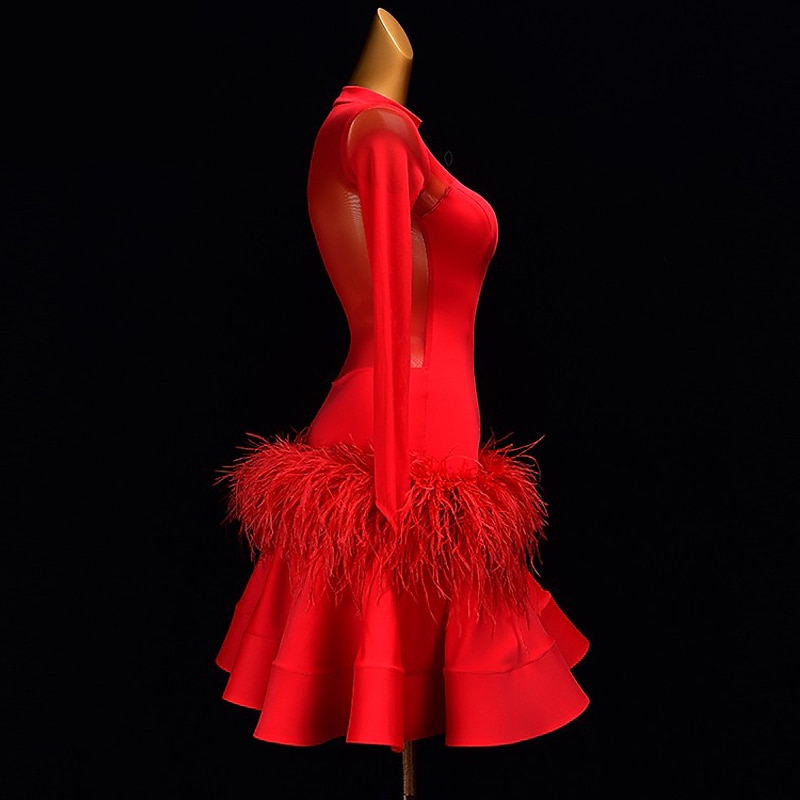 Dance Salsa Latin Dance Ballroom Dance Latin Salsa Dance Dress Feathers Rhinestone Women's Girls' Training Performance Long Sleeve4