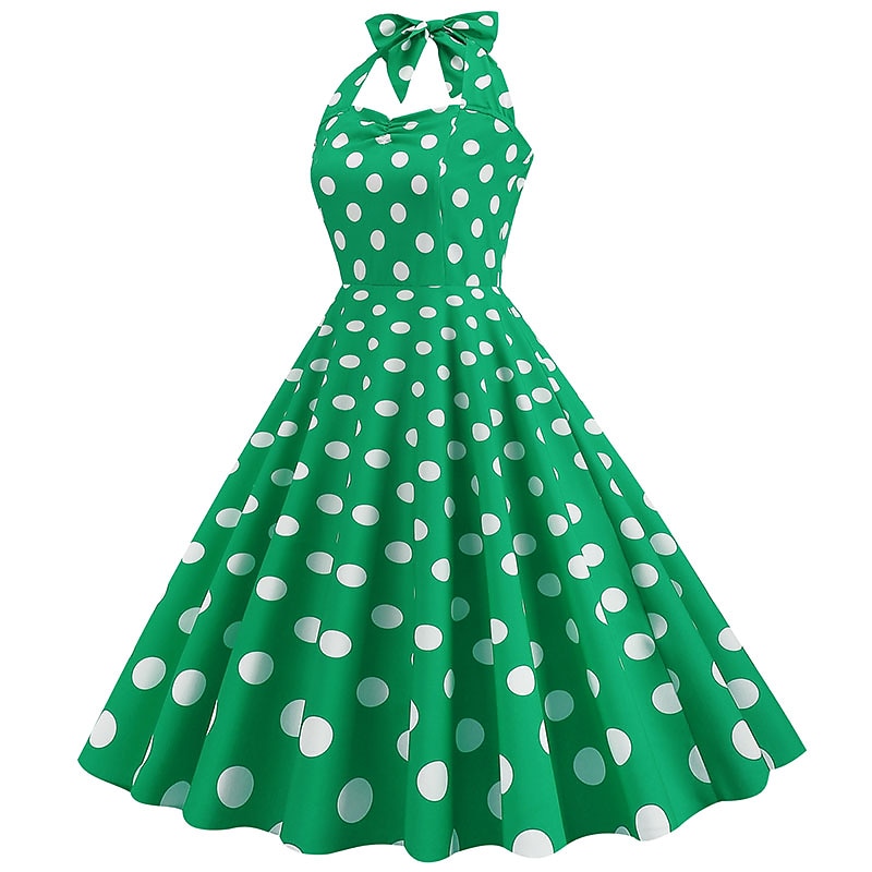 1950s Grease Outfits Open Back Cocktail Dress Midi Dress JSK / Jumper Skirt A-Line Dress Flounced Polka Dot Round Dots Printing Ball Gown V Neck Halter Neck Fancy Dress Women's Valentine's Day3