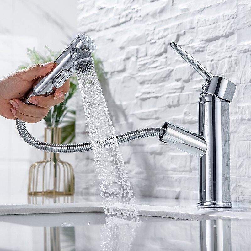 Bathroom Sink Mixer Faucet Pull Out Sprayer 2 Mode Spout with Stop Button, Single Handle Washroom Basin Taps Mono with Cold and Hot Hose Chrome Black Golden3