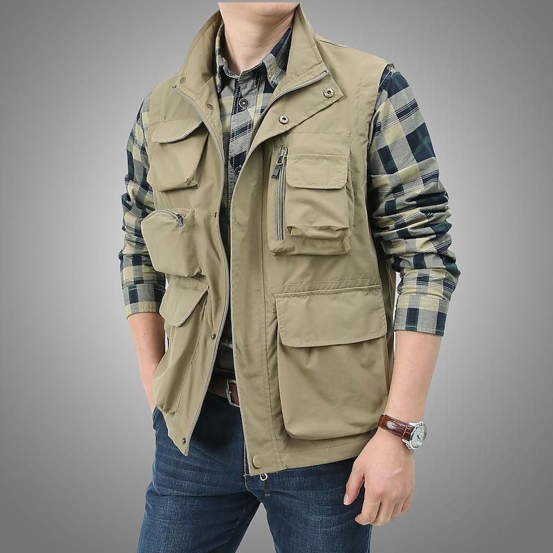 Men's Fishing Vest Hiking Vest Sleeveless Outerwear Zip Top Top Outdoor Multi-Pockets Breathable Quick Dry Sweat-Wicking Summer Black khaki Navy Blue Hunting Fishing Climbing2