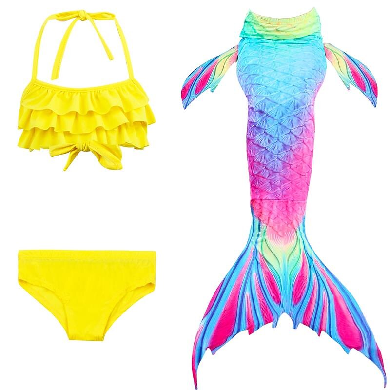 Kids Girls' Three Piece Mermaid Swimwear Bikini Bikini Swimming Children's Day Color Block Cute Sexy Patchwork Bathing Suits 3-10 Years Summer Yellow3