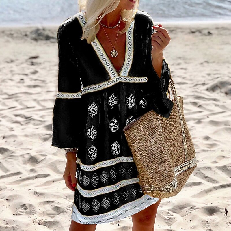 Women's Mini Dress Mini Dress Petite Dress Ethnic Dress Shift Dress Boho Dress Vacation Classic Casual Outdoor Vacation Holiday Regular Fit Geometric Long Sleeve V Neck Black Blue Gold Summer Spring2