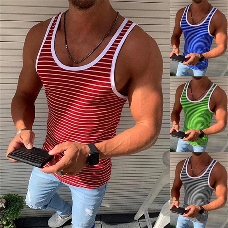 Men's Tank Top Vest Top Undershirt Sleeveless Shirt Sleeveless Crew Neck Summer Striped Fashion Lightweight Breathable Outdoor Street Casual Red Blue Green Top Tee for Men