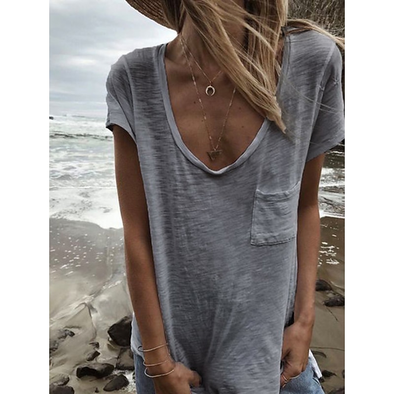Women's T Shirt Plain Basic Short Sleeve V Neck Regular Tops Casual Weekend Pocket White Red Royal Blue Khaki Gray2