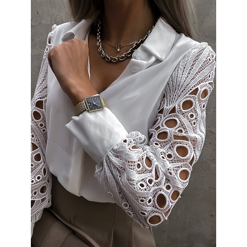 Women's Shirt Blouse White Eyelet Tops Black White Plain Lace Button Long Sleeve Daily Weekend Streetwear Casual Shirt Collar Regular S3