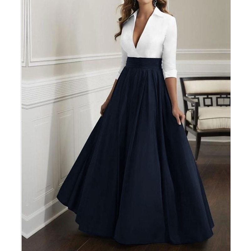 A-Line Mother of the Bride Dress Wedding Guest Elegant & Luxurious Plunging Neck Floor Length Satin Half Sleeve with Ruching3